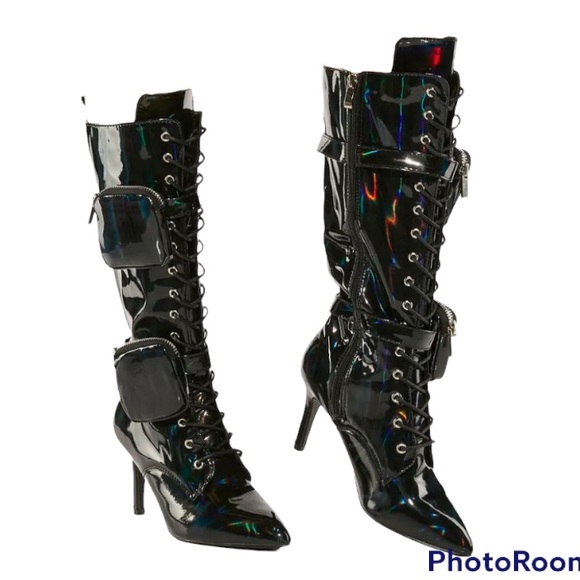 D-K BLACK HOLOGRAPHIC HEELED BOOTS BNIB - Picture 4 of 6